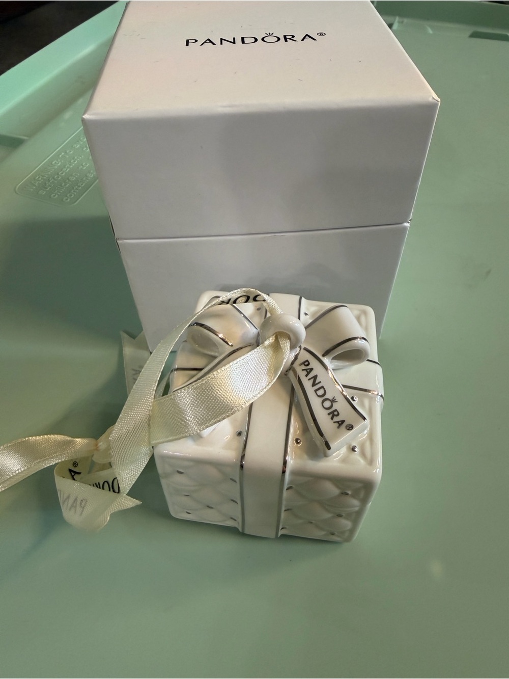 Pandora White and Silver Ceramic Gift Box Ornament